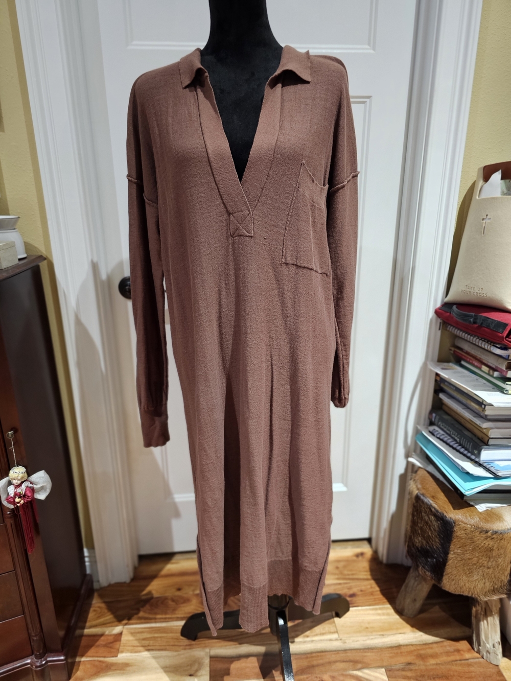 By Together Cocoa Brown Collared V‑Neck Sweater Maxi Dress